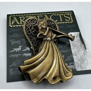 Jewelry Pin Angel New Horn Artifacts Brushed Gold Tone Pewter 2 inches 1986